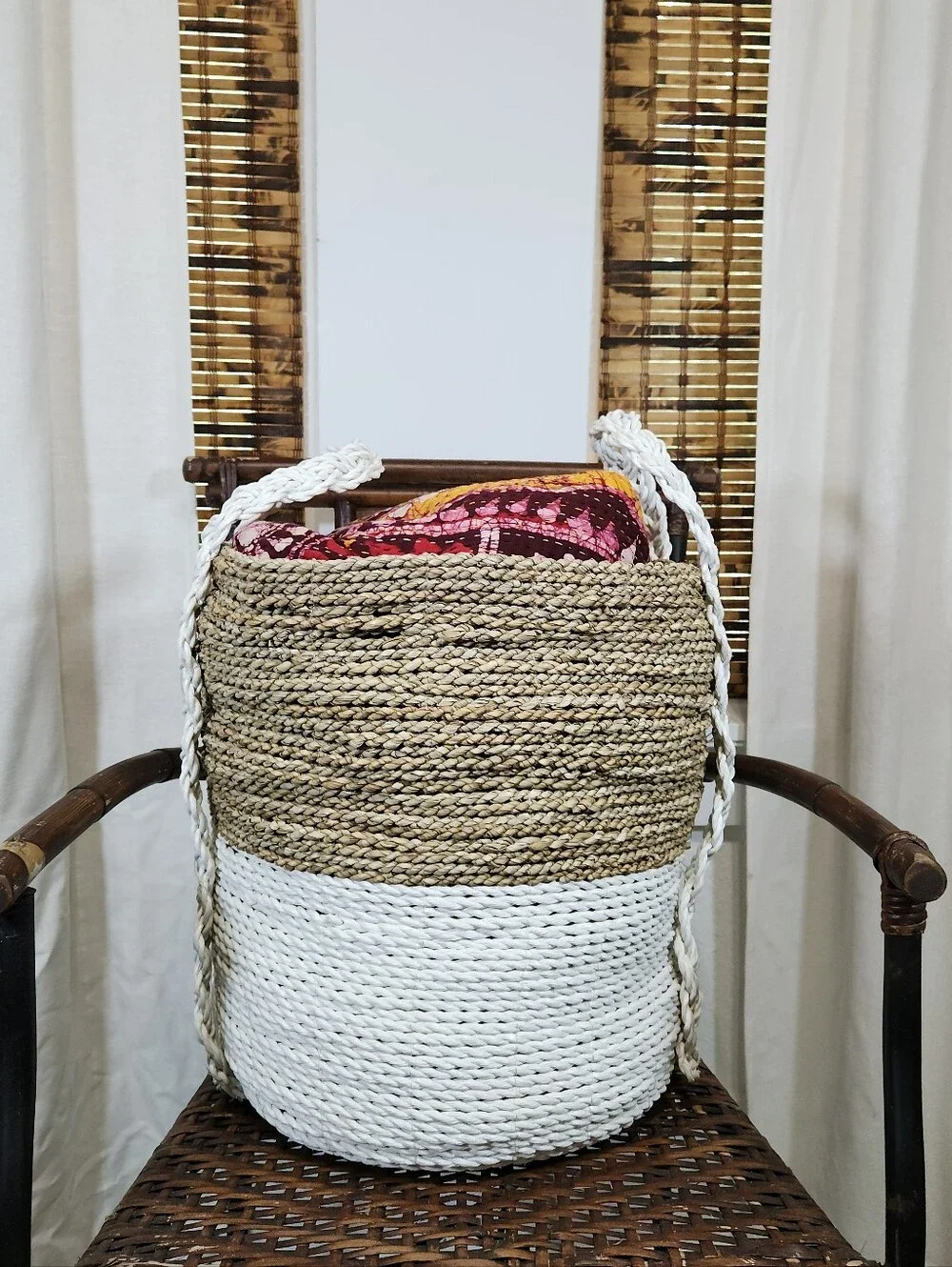 Woven Natural and White Handled Storage Basket - Home Accents